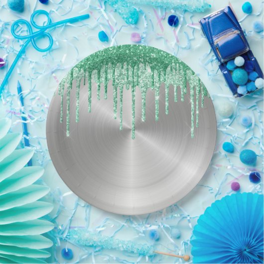 Moderne Tropfen für den grünen Glitzer aus Silberm Pappteller (Party)