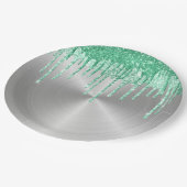 Moderne Tropfen für den grünen Glitzer aus Silberm Pappteller (Schrägansicht)