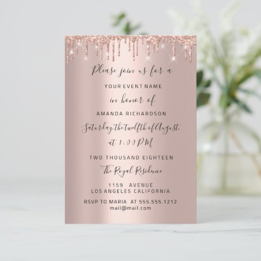 Moderne Tropfen Rose Gold Bridal Wedding Spark Gli Einladung (Stehend Vorderseite)