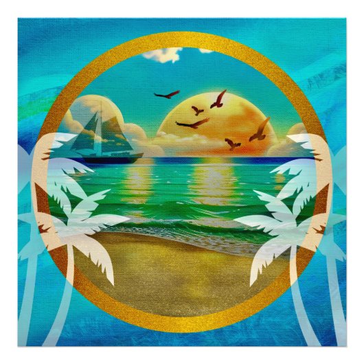 Moderne Tropical Beach Palm Bäume Sonnenuntergang Fotodruck (Vorne)