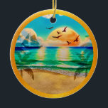 Moderne Tropical Beach Palm Bäume Sonnenuntergang  Keramik Ornament<br><div class="desc">Ich kreierte ein atemberaubendes Sommerstrand-Design mit einer lebhaften Mischung aus wunderschöner Blues und Türkis. Das Herzstück des Designs ist ein atemberaubender Sonnenuntergang, der sanft von goldgelben Farbtönen zu warmen Orangen übergeht und ein faszinierendes Licht über die Szene wirft. Eingebettet in das ruhige Wasser ist ein charmantes Boot, das der Komposition...</div>