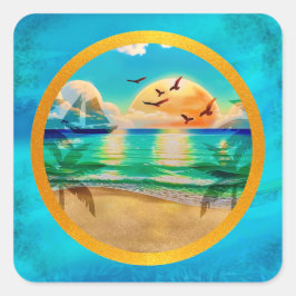 Moderne Tropical Beach Palm Bäume Sonnenuntergang Quadratischer Aufkleber