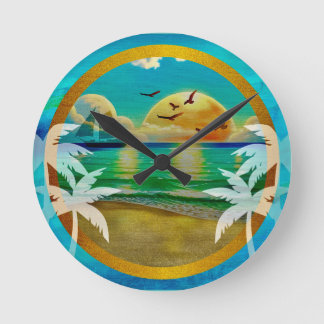 Moderne Tropical Beach Palm Bäume Sonnenuntergang Runde Wanduhr