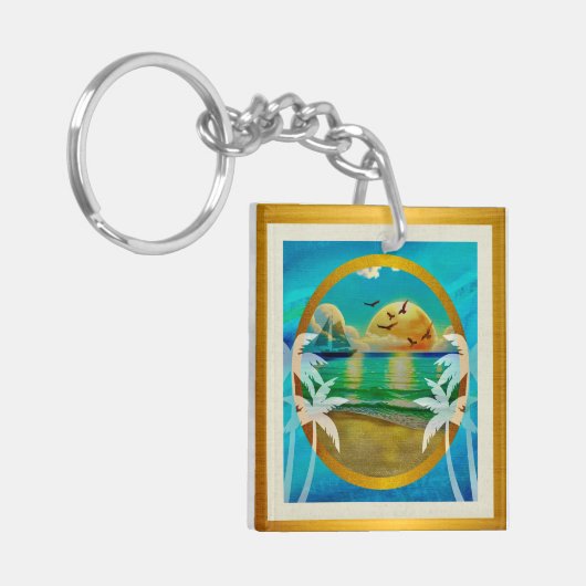 Moderne Tropical Beach Palm Bäume Sonnenuntergang Schlüsselanhänger (Vorderseite links)
