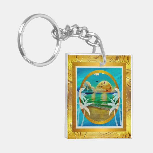 Moderne Tropical Beach Palm Bäume Sonnenuntergang Schlüsselanhänger (Vorderseite links)