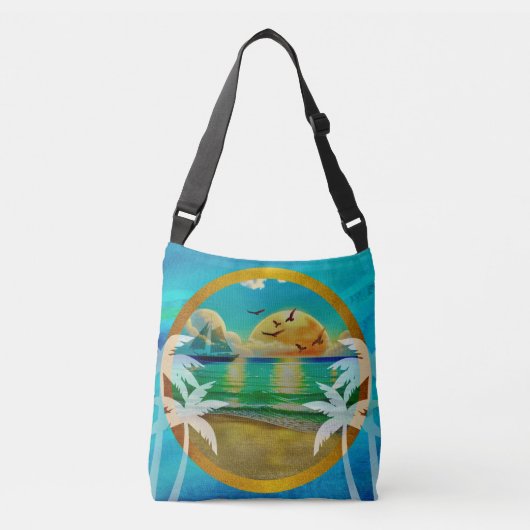 Moderne Tropical Beach Palm Bäume Sonnenuntergang Tragetaschen Mit Langen Trägern (Vorderseite)