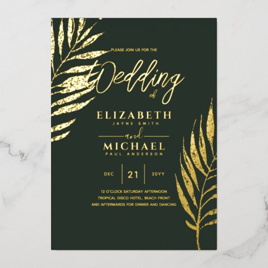 Moderne Tropical Disco Gold FOTO Hochzeit Folieneinladung (Vorderseite)