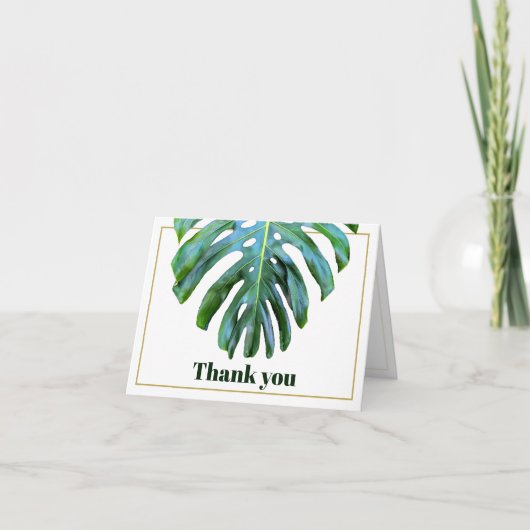Moderne Tropical Monstera Leaf Gold Beach Hochzeit Dankeskarte (Vorderseite)