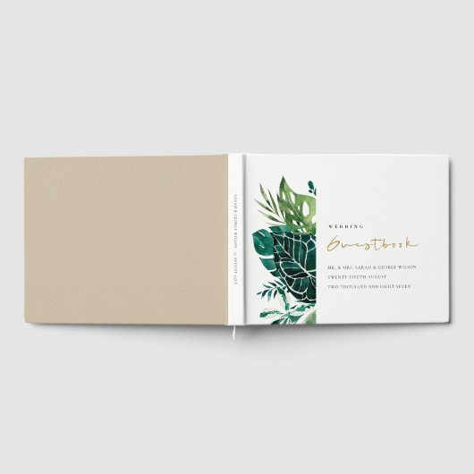 Moderne Tropical Monstera Leafy Foliage Wedding Gästebuch (Voll)