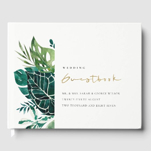 Moderne Tropical Monstera Leafy Foliage Wedding Gästebuch (Vorderseite)
