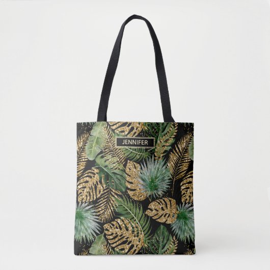 Moderne Tropical Palm Blätter Imitate Gold Glitzer Tasche (Vorderseite)
