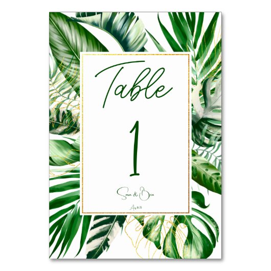 Moderne Tropical Palm Leaf Gold Frame Wedding Tischnummer (Vorderseite)