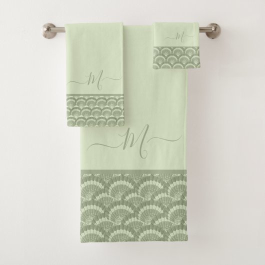 Moderne Tropical Sage Green Seashell Muschel Elega Badhandtuch Set (Insitu)