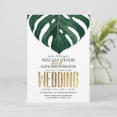Moderne Tropical Swiss Cheese Leaf Gold Wedding Einladung (Stehend Vorderseite)