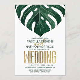 Moderne Tropical Swiss Cheese Leaf Gold Wedding Einladung
