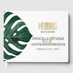 Moderne Tropical Swiss Cheese Leaf Gold Wedding Gästebuch