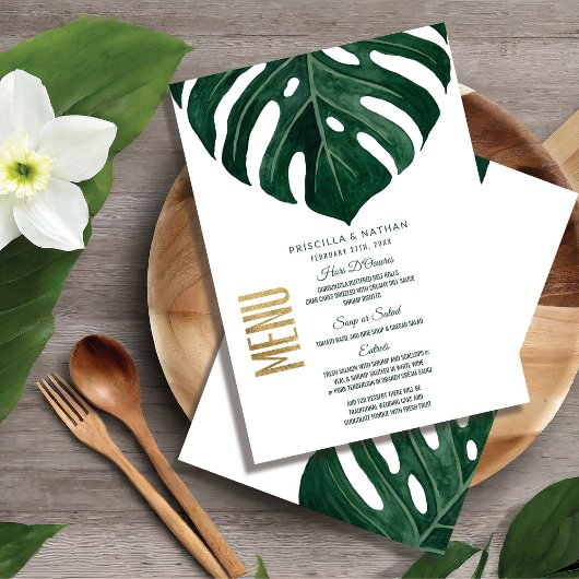 Moderne Tropical Swiss Cheese Leaf Gold Wedding Menükarte