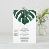 Moderne Tropical Swiss Cheese Leaf Gold Wedding Menükarte (Stehend Vorderseite)
