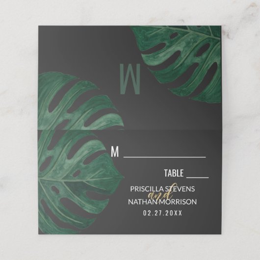 Moderne Tropical Swiss Cheese Leaf Gold Wedding Platzkarte (Außenseite Aufgefaltet)