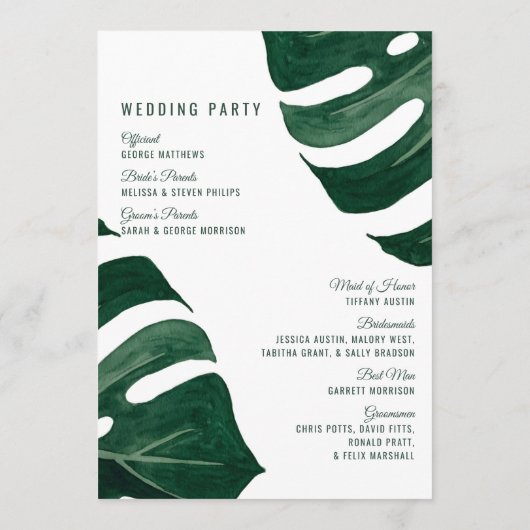 Moderne Tropical Swiss Cheese Leaf Gold Wedding Programm (Rückseite)
