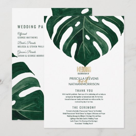 Moderne Tropical Swiss Cheese Leaf Gold Wedding Programm (Vorne/Hinten)