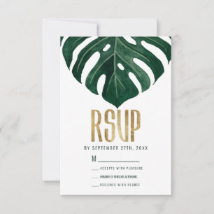 Moderne Tropical Swiss Cheese Leaf Gold Wedding RSVP Karte