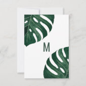 Moderne Tropical Swiss Cheese Leaf Gold Wedding RSVP Karte (Rückseite)