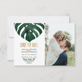 Moderne Tropical Swiss Cheese Leaf Gold Wedding Save The Date