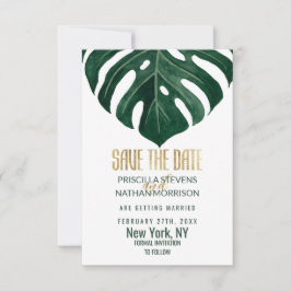 Moderne Tropical Swiss Cheese Leaf Gold Wedding Save The Date