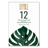 Moderne Tropical Swiss Cheese Leaf Gold Wedding Tischnummer (Vorderseite)