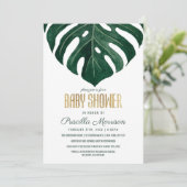 Moderne Tropical Swiss Chef Leaf Gold Baby Dusche Einladung (Stehend Vorderseite)