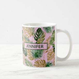 Moderne tropisch rosa grüne Palmen Blätter Glitzer Kaffeetasse
