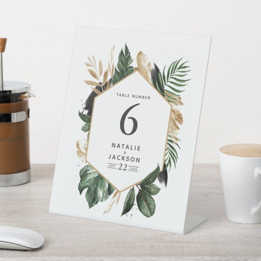 Moderne tropische abstrakte Hochzeitsfeiern Tischn Sockelschild (In SItu)