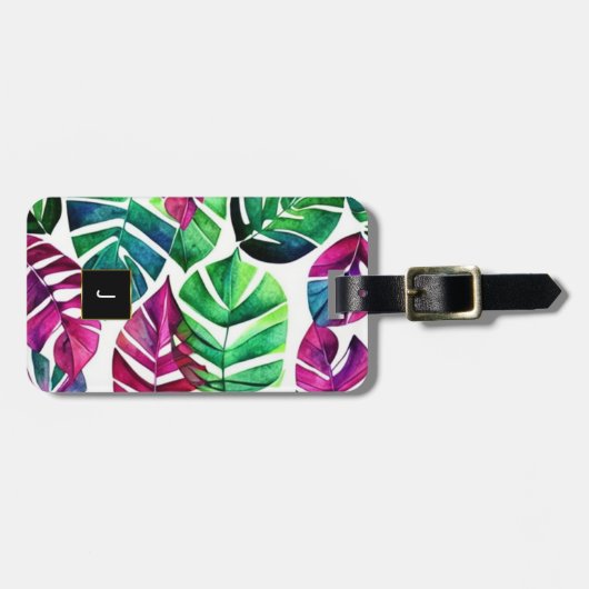 Moderne tropische Aquarellfarben-Blätter monogramm Gepäckanhänger (Vorderseite horizontal)