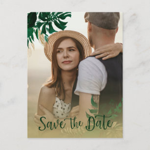 Moderne tropische Blätter Foto Hochzeit Bitte Term Ankündigungspostkarte