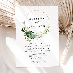 Moderne tropische Blätter Gold Circle Frame Weddin Einladung