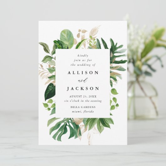 Moderne tropische Blätter Goldhochzeit Einladung (Stehend Vorderseite)