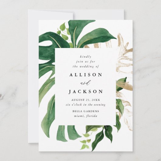 Moderne tropische Blätter Goldhochzeit Einladung (Vorderseite)