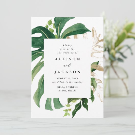 Moderne tropische Blätter Goldhochzeit Einladung (Stehend Vorderseite)