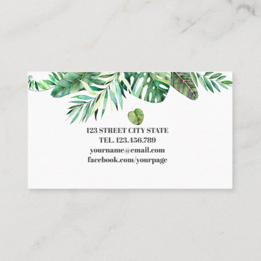Moderne tropische Blätter in Wasserfarbe grün Visitenkarte (Rückseite)