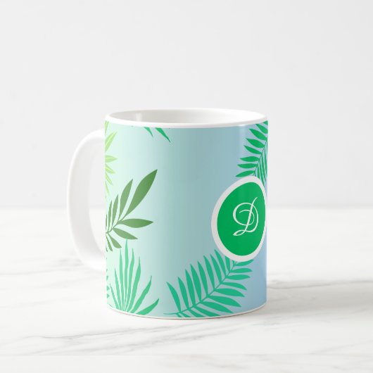 Moderne tropische Blätter mit blauer Palme Kaffeetasse (Vorderseite Links)