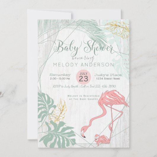 Moderne tropische Blätter Rosa Flamingo Kinderdusc Einladung (Vorderseite)