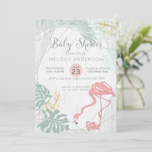 Moderne tropische Blätter Rosa Flamingo Kinderdusc Einladung (Stehend Vorderseite)