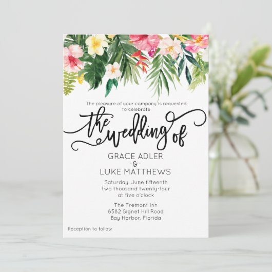 Moderne tropische Blume Hochzeit in Wasserfarbe Einladung (Stehend Vorderseite)
