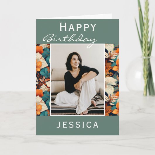 Moderne tropische Blume Leaf Muster Foto Geburtsta Karte (Vorderseite)