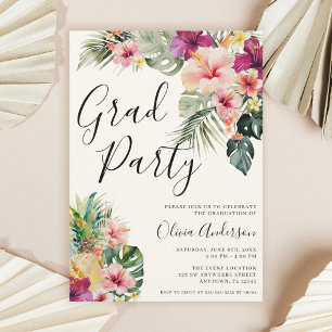 Moderne tropische Blumenparty in Beige zum Schulab Einladung