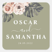 Moderne tropische Chaki-Blätter und Orchideen Quadratischer Aufkleber (Vorderseite)