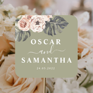 Moderne tropische Chaki-Blätter und Orchideen Quadratischer Aufkleber