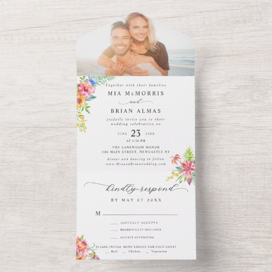 Moderne, tropische Elegante Script-Foto-Hochzeit All In One Einladung (Innen Boden)