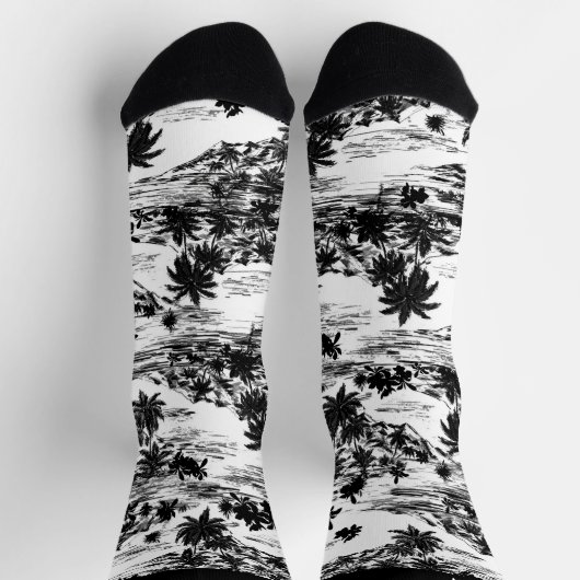 Moderne tropische Hawaiianische Insel Schwarz/Weiß Socken (Oben)